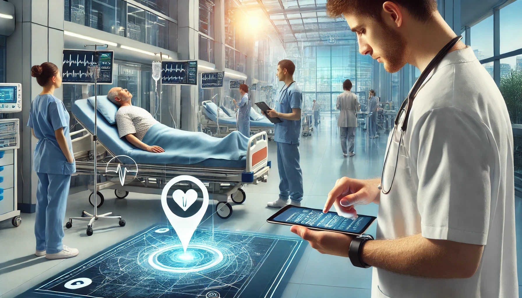 Healthcare workers are using location tracking technology in a hospital setting.